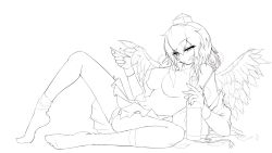 Rule 34 | 1girl, :q, alcohol, arm support, bare legs, bare shoulders, bottle, bowl, breasts, cameltoe, collarbone, convenient censoring, covered erect nipples, cube85, dress shirt, eyebrows, feathered wings, full body, greyscale, hair between eyes, hair censor, half-closed eyes, hat, highres, holding, holding bottle, kneehighs, large breasts, leaning back, light smile, lineart, looking at viewer, midriff, monochrome, navel, open clothes, open shirt, panties, pantyshot, pleated skirt, shameimaru aya, shirt, sitting, skirt, socks, solo, spread legs, stomach, thighs, tiptoes, tokin hat, tongue, tongue out, touhou, transparent background, tsurime, underwear, upskirt, wings, wristband