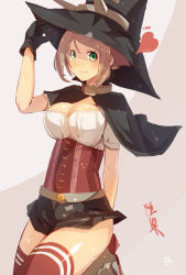 Rule 34 | 10s, 1girl, breasts, brown hair, cleavage, corset, gloves, green eyes, hat, headgear, kantai collection, large breasts, meth (emethmeth), mutsu (kancolle), short hair, solo, thighhighs, witch hat