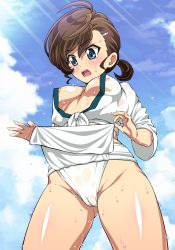 Rule 34 | 1girl, bare legs, blue eyes, blue sky, breasts, brown hair, cameltoe, cleavage, cleft of venus, clothes lift, cloud, cloudy sky, covered erect nipples, flying sweatdrops, from below, fundoshi, gegege no kitarou, hair ornament, hairclip, hemonemo, inuyama mana, japanese clothes, looking down, medium breasts, nipple slip, nipples, open mouth, ponytail, shiny skin, sky, sunlight, sweat, underboob, wet