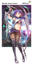 Rule 34 | 1girl, arm up, belt, black bra, black panties, blush, boots, bra, breasts, chain, choker, closed mouth, company name, copyright name, crop top, crotch seam, downblouse, eyebrows, full body, glowing, glowing eye, heterochromia, holding, holding weapon, looking at viewer, neckerchief, panties, panties under pantyhose, pantyhose, pantyshot, pleated skirt, popqn, purple hair, purple skirt, qurare magic library, school uniform, scythe, serafuku, skirt, sleeveless, small breasts, smile, solo, standing, thigh boots, thighhighs, two-handed, underwear, weapon, wind, wind lift