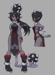 Rule 34 | 1girl, :3, absurdres, arms at sides, ball and chain (weapon), black eyes, black hair, boots, chain, character sheet, collar, colored sclera, colored skin, commentary, cuffs, demon girl, demon horns, english commentary, flail, full body, grey background, grey skin, hair over one eye, highres, horns, long hair, metal collar, original, orisghost, pointy ears, red sclera, shackles, spikes, standing, tabard, weapon
