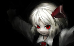 Rule 34 | 1girl, bad id, bad pixiv id, black background, blonde hair, darkness, hair ribbon, nishi masakazu, open mouth, outstretched arms, red eyes, ribbon, rumia, short hair, simple background, smile, solo, touhou