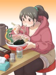 Rule 34 | 1girl, bowl, breasts, breath weapon, breathing fire, brown eyes, chinese zodiac, chopsticks, claws, cleavage, closed mouth, collarbone, commentary request, dragon, eating, eye contact, feet out of frame, fire, food, gradient background, grey hair, highres, holding, holding chopsticks, hood, hood down, hoodie, horns, katou (katohayabusa), large breasts, long hair, long sleeves, looking at another, meandros, noodles, orange background, orange outline, original, partially submerged, ponytail, ramen, scrunchie, shadow, shorts, sidelocks, sitting, solo, sweat, table, thick thighs, thighhighs, thighs, tissue box, tongue, tongue out, white background, year of the dragon, yellow eyes