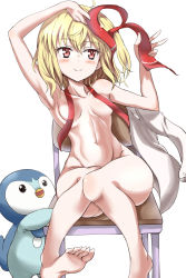 Rule 34 | 1girl, adjusting hair, bad id, bad nicoseiga id, blonde hair, blush, breasts, chair, covered erect nipples, creatures (company), crossover, enperuto (yarumi), game freak, gen 4 pokemon, highres, looking up, nintendo, nude, piplup, pokemon, pokemon (creature), red eyes, ribbon, rumia, short hair, simple background, sitting, small breasts, smile, touhou, unworn clothes, unworn shirt, white background
