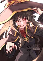 Rule 34 | 1girl, ardenlolo, black nails, brown hair, cape, cosplay, genshin impact, hand on headwear, hat, hu tao (genshin impact), jewelry, long hair, long sleeves, looking at viewer, megumin, megumin (cosplay), nail polish, open mouth, paid reward available, red eyes, ring, solo, sparkle, twintails, twitter logo, upper body, watermark, witch hat