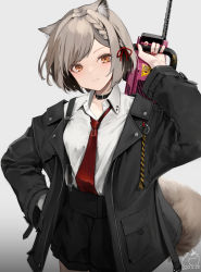 Rule 34 | 1girl, animal ear fluff, animal ears, black jacket, black shorts, braid, brown hair, cat ears, cat girl, cat tail, closed mouth, coat, collar, collared shirt, cowboy shot, dated, hair ribbon, hand in pocket, highres, jacket, long sleeves, looking at viewer, mayogii, nail polish, necktie, open clothes, open coat, orange eyes, original, red nails, red necktie, red ribbon, ribbon, shirt, short hair, shorts, signature, simple background, solo, suspender shorts, suspenders, swept bangs, tail, unzipped, white background, white shirt