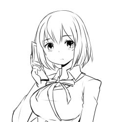 Rule 34 | 1girl, breasts, cellphone, greyscale, large breasts, lineart, looking at viewer, monochrome, phone, short hair, simple background, sketch, solo, upper body, white background, zaxwu