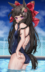 Rule 34 | 1girl, absurdres, alternate costume, animal ears, ass, backless swimsuit, black hair, blunt bangs, blurry, blurry background, blush, bow, braid, breasts, closed mouth, commentary request, daiichi ruby (umamusume), drill hair, drill sidelocks, hair bow, highres, horse ears, horse girl, horse tail, long hair, pool, purple eyes, sidelocks, small breasts, solo, swimsuit, tabunshake, tail, umamusume, wet