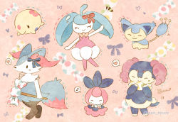 Rule 34 | 3girls, ^ ^, ahoge, alternate color, animal ear fluff, animal ears, animal feet, animal nose, arm up, black eyes, black fur, blue bow, blue fur, blue hair, blush, body fur, bow, braixen, candy, closed eyes, closed mouth, colored skin, creatures (company), female focus, food, fox ears, fox girl, fox tail, full body, furry, furry female, game freak, gen 3 pokemon, gen 5 pokemon, gen 6 pokemon, gen 7 pokemon, gen 8 pokemon, hair bow, hands up, happy, heart, holding, holding candy, holding food, holding wand, horns, indeedee, indeedee (female), light blush, long hair, mian (user kwcj2833), monster girl, multicolored skin, multiple girls, munna, musical note, nintendo, notice lines, outstretched arm, petilil, pink background, pink horns, pink skin, plant girl, pokemon, pokemon (creature), red bow, sheep girl, shiny pokemon, skitty, smile, snout, solid oval eyes, speech bubble, spoken heart, spoken musical note, standing, steenee, tail, twintails, two-tone fur, two-tone skin, wand, white fur, white skin, yellow fur