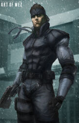 Rule 34 | 1boy, bandana, commentary, english commentary, facing viewer, gun, h&amp;k mark 23, handgun, headband, holding, holding gun, holding weapon, male focus, metal gear (series), metal gear solid, military, outdoors, serious, short hair, sneaking suit, snow, solid snake, solo, w-e-z, weapon
