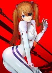 Rule 34 | 1girl, artist request, ass, blue eyes, bodysuit, breasts, brown hair, evangelion: 3.0+1.0 thrice upon a time, eyepatch, long hair, looking at viewer, medium breasts, neon genesis evangelion, plugsuit, rebuild of evangelion, red background, shiny clothes, smile, solo, souryuu asuka langley, thighs, white bodysuit