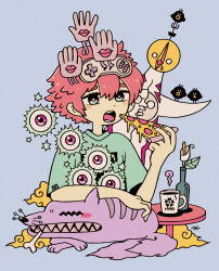 Rule 34 | ambiguous gender, bone, bottle, cloud, controller, cup, disembodied eye, dog, eyeball, flower, food, game controller, garouma, grey background, hand up, highres, holding, holding food, holding pizza, leaf, open mouth, original, pizza, pizza slice, print shirt, red eyes, red hair, shirt, short hair, solo, surreal, table, tower of the sun, white flower