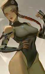 Rule 34 | 1girl, adapted costume, apex legends, arms dealer loba, artist name, beret, black hat, black leotard, braid, breasts, brown eyes, brown hair, cammy white, cammy white (cosplay), chikitamako, clenched hand, cosplay, cowboy shot, dark-skinned female, dark skin, dog tags, eyeshadow, fingerless gloves, gloves, gradient hair, grey background, hand on own hip, hat, highres, leotard, loba (apex legends), looking down, makeup, medium breasts, multicolored hair, parted lips, red eyeshadow, red hair, red lips, scouter, solo, street fighter, twin braids