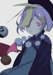 Rule 34 | 1girl, absurdres, bead necklace, beads, black hat, coin, coin hair ornament, colored skin, earrings, floating, genshin impact, grey background, grey skin, hair ornament, hat, highres, jewelry, jiangshi, necklace, ofuda, open mouth, orb, pink eyes, purple hair, qiqi (genshin impact), short hair, simple background, sketch, solo, sweat, takaha4 mei, talisman
