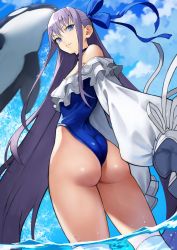 Rule 34 | 1girl, absurdres, ass, back, bare shoulders, blue eyes, blue ribbon, blue sky, breasts, choker, closed mouth, fate/grand order, fate (series), frilled one-piece swimsuit, frills, hair ribbon, highleg, highleg swimsuit, highres, long hair, long sleeves, looking back, meltryllis, meltryllis (fate), meltryllis (swimsuit lancer) (fate), meltryllis (swimsuit lancer) (second ascension) (fate), off-shoulder one-piece swimsuit, off shoulder, one-piece swimsuit, orca, puffy sleeves, purple hair, revision, ribbon, sky, sleeves past fingers, sleeves past wrists, small breasts, swimsuit, thighs, very long hair, white ribbon, yoshio (55level)