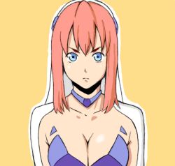 Rule 34 | 1girl, birdy cephon altera, blue eyes, breasts, cleavage, closed mouth, dyed bangs, long hair, looking at viewer, multicolored hair, simple background, solo, tat (jurychan), tetsuwan birdy decode, two-tone hair