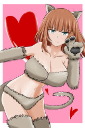 Rule 34 | 1girl, animal ears, animal hands, artist request, bare shoulders, belly, blunt bangs, brave witches, breasts, cat tail, collarbone, expressionless, fur, fur bikini, fur panties, gloves, green eyes, gundula rall, heart, highres, large breasts, long hair, looking at viewer, navel, paw gloves, pink background, red hair, tail, wolf ears, wolf tail, world witches series