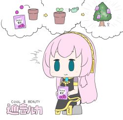 Rule 34 | 1girl, ^^^, absurdres, aqua eyes, armband, arrow (symbol), bag, black shirt, black skirt, black thighhighs, boots, brand name imitation, candy, character name, chibi, commentary, eating, emphasis lines, food, gold trim, hatsune negame, headphones, highres, holding, holding bag, imagining, knee boots, long hair, megurine luka, pink hair, plant, pot, potted plant, sapling, shirt, short sleeves, side slit, simple background, sitting, skirt, solid oval eyes, solo, stick figure, thighhighs, thought bubble, tree, very long hair, vocaloid, watering can, white background