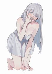 Rule 34 | 1girl, all fours, bare arms, bare shoulders, barefoot, blue eyes, breasts, cleavage, closed mouth, covering own mouth, dress, ear piercing, earrings, grey hair, highres, jewelry, large breasts, long hair, looking at viewer, mimelond, no bra, original, piercing, simple background, sleeveless, sleeveless dress, solo, spaghetti strap, strap slip, thighs, uneven eyes, very long hair, white background, white dress