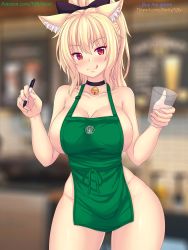 Rule 34 | 1girl, :p, animal ears, apron, bare hips, barista, bell, black choker, blonde hair, blurry, blurry background, bottomless, bow, breasts, cat ears, choker, collar, cup, green apron, hair between eyes, hair bow, hair ornament, highres, holding, holding cup, holding marker, iced latte with breast milk (meme), jingle bell, large breasts, licking lips, looking at viewer, marker, meme, naked apron, naughty face, nekomata, nottytiffy, original, patreon username, red eyes, shiny skin, sideboob, sidelocks, solo, starbucks, thighs, tiffy (nottytiffy), tongue, tongue out, topless, watermark, web address