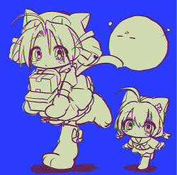 Rule 34 | 1boy, 2girls, ahoge, animal hands, animal hat, bell, blue background, blush stickers, boots, box, box stack, cardboard box, cat hat, cat tail, commentary, dejiko, di gi charat, dress, gema, gloves, greyscale with colored background, hair bell, hair ornament, hair ribbon, hat, highres, holding, holding box, jingle bell, knee boots, long sleeves, looking at viewer, menma (enaic31), multiple girls, parted bangs, parted lips, paw gloves, paw shoes, puchiko, puffy short sleeves, puffy sleeves, ribbon, running, sailor collar, short dress, short hair, short sleeves, short twintails, simple background, skirt, tail, twintails