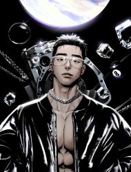 Rule 34 | 1boy, abs, absurdres, bara, black hair, black jacket, bubble, chain, chain necklace, glasses, highres, ice, ice cube, jacket, jewelry, large pectorals, looking at viewer, male focus, muscular, muscular male, necklace, open clothes, open jacket, original, parted lips, pectorals, billiard ball, short hair, solarsistim, solo, upper body