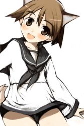 Rule 34 | 1girl, animal ears, bad id, bad pixiv id, blush, brown eyes, brown hair, cowboy shot, cropped legs, head tilt, long sleeves, looking at viewer, miyafuji yoshika, oimu (ununsan), open mouth, sailor collar, school uniform, shirt, short hair, simple background, smile, solo, strike witches, tail, white background, white shirt, world witches series