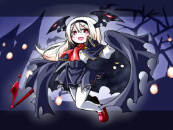 Rule 34 | 1girl, blonde hair, cape, exice-zero, fang, halloween, head wings, kugelschreiber, long hair, looking at viewer, open mouth, original, red eyes, skirt, smile, solo, white legwear, wings