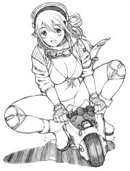 Rule 34 | 1girl, akira (manga), bikini, boots, breasts, cleavage, front-tie bikini top, front-tie top, full body, goggles, goggles around neck, greyscale, headphones, jacket, knee pads, large breasts, monochrome, motor vehicle, motorcycle, nitroplus, open mouth, riding, shadow, smile, solo, super sonico, swimsuit, traditional media, transparent, yug (ekaki)