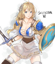 Rule 34 | 1girl, arm guards, armor, armored dress, belt, blonde hair, blue eyes, breasts, cleavage, collarbone, copyright name, cross-laced clothes, hair ornament, highres, holding, holding sword, holding weapon, large breasts, long hair, looking at viewer, low-tied long hair, parted lips, patterned clothing, shield, shoulder armor, shoulder pads, simple background, skirt, solo, sophitia alexandra, soul calibur, soulcalibur, soulcalibur vi, standing, sword, tetsu (kimuchi), thighhighs, thighs, weapon, white skirt