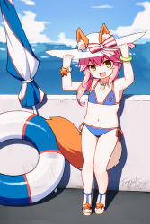 Rule 34 | 1girl, :d, aged down, animal ears, arms up, bare shoulders, beach umbrella, bikini, blue bikini, blurry, blurry background, blush, brown eyes, brown footwear, commentary request, depth of field, ears through headwear, fate/grand order, fate (series), flat chest, fox ears, fox girl, fox tail, hair between eyes, hair over shoulder, hands on headwear, hat, highres, horizon, innertube, langbazi, long hair, low ponytail, navel, ocean, open mouth, outdoors, pink hair, ponytail, sandals, side-tie bikini bottom, smile, solo, star (symbol), sun hat, swim ring, swimsuit, tail, tamamo (fate), tamamo no mae (fate/extra), tamamo no mae (swimsuit lancer) (fate), tamamo no mae (swimsuit lancer) (third ascension) (fate), umbrella