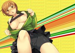 Rule 34 | 1girl, absurdres, atlus, bike shorts, breasts, brown eyes, brown hair, cameltoe, clothes lift, glasses, green jacket, highres, jacket, large breasts, looking at viewer, nipples, open clothes, ouma tokiichi, persona, persona 4, satonaka chie, shirt lift, short hair, solo, track jacket, yellow-framed eyewear