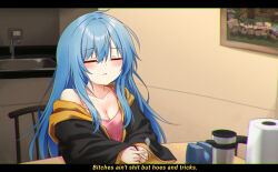Rule 34 | 1girl, absurdres, blue hair, breasts, chair, chromatic aberration, cigarette, cleavage, closed eyes, electrical outlet, elie wayne, english text, highres, holding, holding cigarette, hood, hoodie, jan azure, large breasts, letterboxed, long hair, minecraft, off shoulder, original, paper towel, photo (object), pink tank top, sink, smoke, solo, strap slip, subtitled, table, tank top, upper body