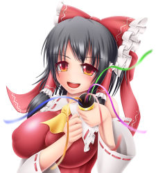 Rule 34 | 1girl, bad id, bad pixiv id, black hair, bow, breasts, brown eyes, detached sleeves, female focus, hair bow, hakurei reimu, harumi (harumix), huge breasts, japanese clothes, large breasts, miko, red eyes, solo, touhou, upper body, white background