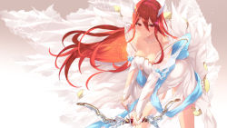 Rule 34 | 1girl, alternate breast size, arrow (projectile), bare shoulders, blush, bow (weapon), breasts, bride, cait aron, cleavage, closed mouth, cordelia (bridal) (fire emblem), cordelia (fire emblem), dress, female focus, fire emblem, fire emblem awakening, fire emblem heroes, frills, hair ornament, highres, holding, holding bow (weapon), holding weapon, jewelry, leaning forward, long hair, looking at viewer, matching hair/eyes, medium breasts, necklace, nintendo, red eyes, red hair, smile, solo, very long hair, weapon, wedding dress, white dress