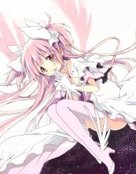 Rule 34 | 10s, 1girl, aoki ume, blush, bow, brown eyes, cleavage cutout, clothing cutout, detexted, dress, dutch angle, foot wings, frilled sleeves, frills, gem, gloves, hair bow, hair ribbon, highres, kaname madoka, legs folded, long dress, long hair, long skirt, looking at viewer, mahou shoujo madoka magica, mahou shoujo madoka magica (anime), mahou shoujo madoka magica movie 1 &amp; 2, newtype, non-web source, official art, pink hair, ribbon, skirt, solo, space, star (sky), thighhighs, thighs, third-party edit, two side up, ultimate madoka, very long hair, white background, white dress, white gloves, white ribbon, wings