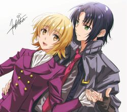 Rule 34 | 1boy, 1girl, ascot, athrun zala, blonde hair, blue hair, breasts, cagalli yula athha, coat, couple, fingerless gloves, formal, gloves, green eyes, gundam, gundam seed, gundam seed destiny, gundam seed freedom, hand on another&#039;s waist, hetero, holding hands, jacket, kukiha, looking at another, necktie, pant suit, pants, purple coat, shirt, short hair, suit, yellow eyes