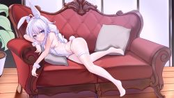 Rule 34 | 1girl, absurdres, ahoge, animal ear fluff, animal ears, azur lane, blue eyes, braid, breasts, couch, crotchless, crotchless pantyhose, fake animal ears, full body, groin, highleg, highleg leotard, highres, indoors, le malin (azur lane), le malin (listless lapin) (azur lane), legs, leotard, long hair, lying, no shoes, official alternate costume, on side, pantyhose, pillow, playboy bunny, pout, rabbit ears, rabbit tail, silver hair, small breasts, solo, sorayo noriyuki, tail, thigh strap, thighs, twin braids, twintails, very long hair, white leotard, white pantyhose, wrist cuffs