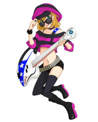Rule 34 | 1boy, armband, bad id, bad pixiv id, belt, blonde hair, boots, choker, collar, cosplay, crossdressing, green eyes, guitar, hat, heroman, holding, holly jones, instrument, joey jones, legs, looking at viewer, male focus, midriff, parted lips, short shorts, shorts, smile, solo, star (symbol), striped, sunglasses, teeth, thighhighs, trap, white background, yanaginoma