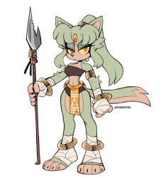 Rule 34 | 1girl, animal ears, animal nose, ankle wrap, anklet, armlet, bangle, bracelet, breasts, closed mouth, colored sclera, commentary, dark-skinned female, dark skin, eyeliner, eyeshadow, forehead jewel, full body, furry, furry female, green eyeshadow, green hair, highres, holding, holding weapon, jewelry, kaijumilk (milkchaotea), long hair, looking at viewer, makeup, medium breasts, navel, orange eyes, original, pelvic curtain, polearm, ponytail, slit pupils, solo, spear, standing, tail, toes, tribal, watermark, weapon, white background, wolf ears, wolf girl, wolf tail, wrist wrap, yellow sclera