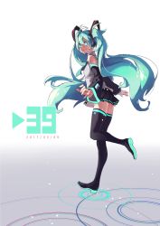 Rule 34 | 1girl, absurdres, black skirt, black thighhighs, blouse, blue eyes, blue hair, blue necktie, boots, closed mouth, dated, detached sleeves, from side, full body, grey shirt, hatsune miku, headphones, highres, long hair, long sleeves, looking at viewer, miniskirt, necktie, pleated skirt, reiga (act000), shirt, skirt, smile, solo, standing, standing on one leg, thigh boots, thighhighs, twintails, very long hair, vocaloid, white background