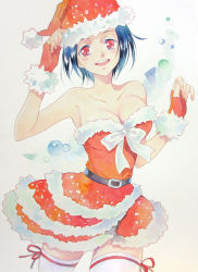 Rule 34 | 1girl, :d, adjusting clothes, adjusting headwear, agahari, bare shoulders, belt, blue hair, bobblehat, bow, breasts, cleavage, collarbone, cowboy shot, dress, fingerless gloves, gloves, hat, idolmaster, idolmaster (classic), looking at viewer, miura azusa, open mouth, red dress, red eyes, red gloves, santa costume, santa hat, short hair, simple background, smile, solo, strapless, strapless dress, thighhighs, traditional media, white background, white bow, zettai ryouiki