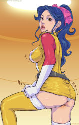 Rule 34 | 1970s (style), 1girl, ass, belt, blue hair, boots, bow, breasts, brown eyes, choudenji machine voltes v, dress, covered erect nipples, gloves, hair bow, lipstick, makeup, medium breasts, oka megumi, retro artstyle, oprince, panties, pantyshot, ponytail, retro artstyle, solo, thigh boots, thighhighs, underwear