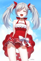 Rule 34 | 1girl, :d, ^ ^, arms behind back, artist name, bad id, bad pixiv id, boba, choker, closed eyes, closers, cloud, collarbone, contrapposto, cowboy shot, day, frilled swimsuit, frills, gluteal fold, grey hair, hair ribbon, happy, innertube, long hair, one-piece swimsuit, open mouth, outdoors, red one-piece swimsuit, red ribbon, ribbon, sky, smile, solo, standing, swim ring, swimsuit, tina (closers), twintails