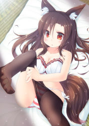Rule 34 | 1girl, animal ears, artist request, blush, bra, breasts, brown hair, feet, futon, imaizumi kagerou, lingerie, long hair, lying, medium breasts, open mouth, panties, pantyhose, red eyes, side-tie panties, striped clothes, striped panties, tail, touhou, underwear, wolf ears