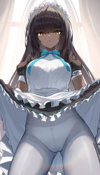 Rule 34 | 1girl, absurdres, apron, bad id, bad twitter id, black hair, blue archive, blue ribbon, blunt bangs, breasts, closed mouth, clothes lift, dark-skinned female, dark skin, dress, dress lift, frilled dress, frills, highres, jsih, karin (blue archive), large breasts, lifting own clothes, long hair, looking at viewer, maid, maid headdress, neck ribbon, orange eyes, panties, panties under pantyhose, pantyhose, ribbon, short sleeves, solo, sweat, underwear, very long hair, white apron, white panties, white pantyhose