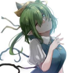 Rule 34 | 1girl, blue dress, blue eyes, blurry, commentary, daiyousei, depth of field, dress, fairy wings, green hair, hair ribbon, head tilt, highres, long hair, one eye closed, parted lips, pointy ears, puffy short sleeves, puffy sleeves, ribbon, short sleeves, side ponytail, takena-c, touhou, upper body, wings, yellow ribbon