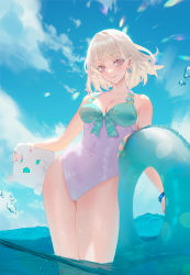 Rule 34 | 1girl, albino, borrowed character, breasts, cirilla lin, cleavage, closed mouth, earrings, fish hair ornament, green one-piece swimsuit, hair ornament, highres, in water, jewelry, looking at viewer, medium breasts, multicolored clothes, multicolored swimsuit, nacchan (ohisashiburi), one-piece swimsuit, original, pink eyes, purple one-piece swimsuit, smile, solo, standing, swimsuit, wading, white hair