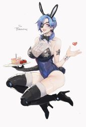 Rule 34 | 1girl, android, animal ears, bare shoulders, black bow, black neckwear, blue hair, borrowed character, bow, cake, earrings, english text, eyepatch, eyeshadow, fake animal ears, fake tail, food, fruit, grey background, heart, high heels, highres, holding, holding plate, jewelry, leotard, makeup, mechanical arms, mechanical legs, medium hair, original, plate, playboy bunny, purple eyeshadow, rabbit ears, rabbit tail, red eyes, red lips, signature, simple background, single earring, single mechanical arm, smile, solo, star (symbol), star earrings, star tattoo, strawberry, tail, tattoo, teeth, thighhighs, uglykao, white thighhighs