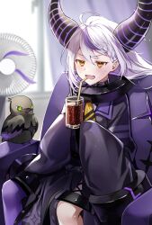 Rule 34 | 1girl, ascot, black horns, braid, braided bangs, collar, crow (la+ darknesss), cup, drinking straw, electric fan, fang, grey hair, highres, holding, holding cup, hololive, horns, hot, la+ darknesss, la+ darknesss (1st costume), metal collar, multicolored hair, open mouth, pointy ears, purple hair, re nantoka3, sitting, skin fang, sleeves past fingers, sleeves past wrists, streaked hair, striped horns, sweat, virtual youtuber, yellow ascot